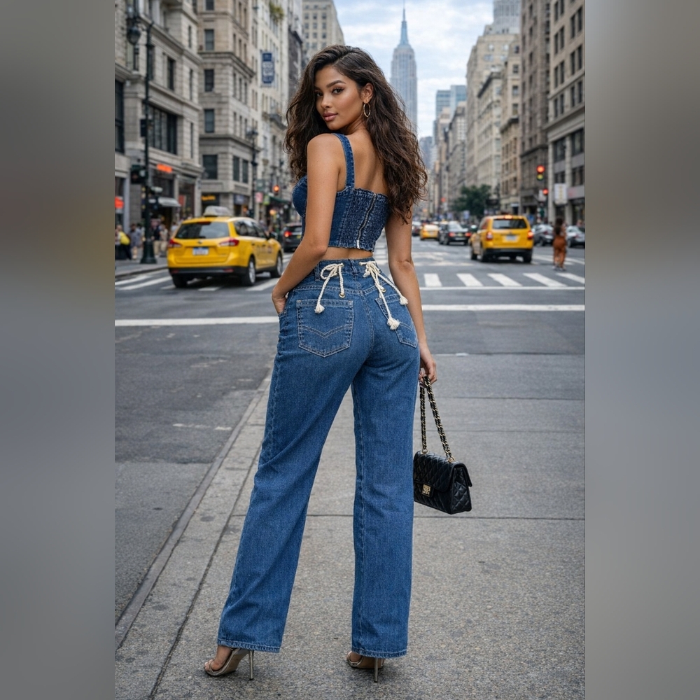 Dark Blue Denim Corset Top and Wide Leg Jeans Set - Picture 3 of 3